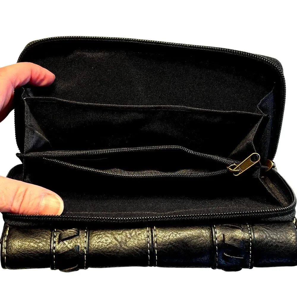 BOC black stitched leather wallet women's clutch purse trifold design NEW w/ tag